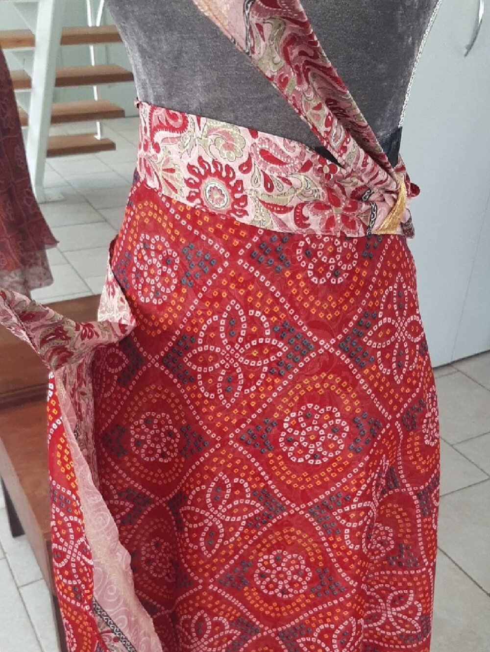 HANDMADE✌Boho WRAP Tie-Waist Midi Skirt MADE from SARI Fits Sz Small/Extra Lge - Picture 6 of 9